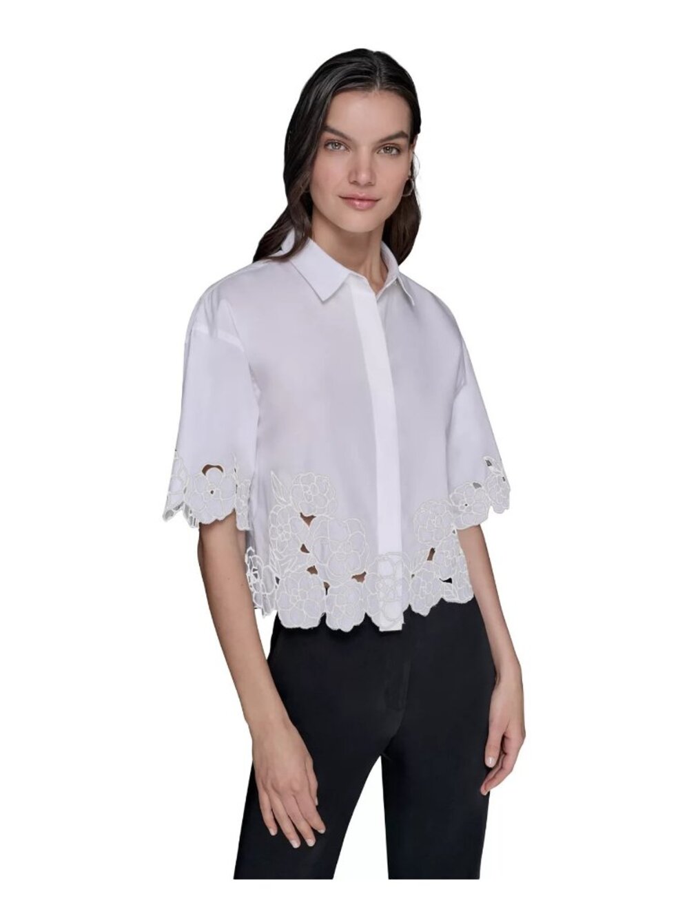 KARL LAGERFELD Women's Cotton Floral-Embroidered Camp Shirt White Size L $119